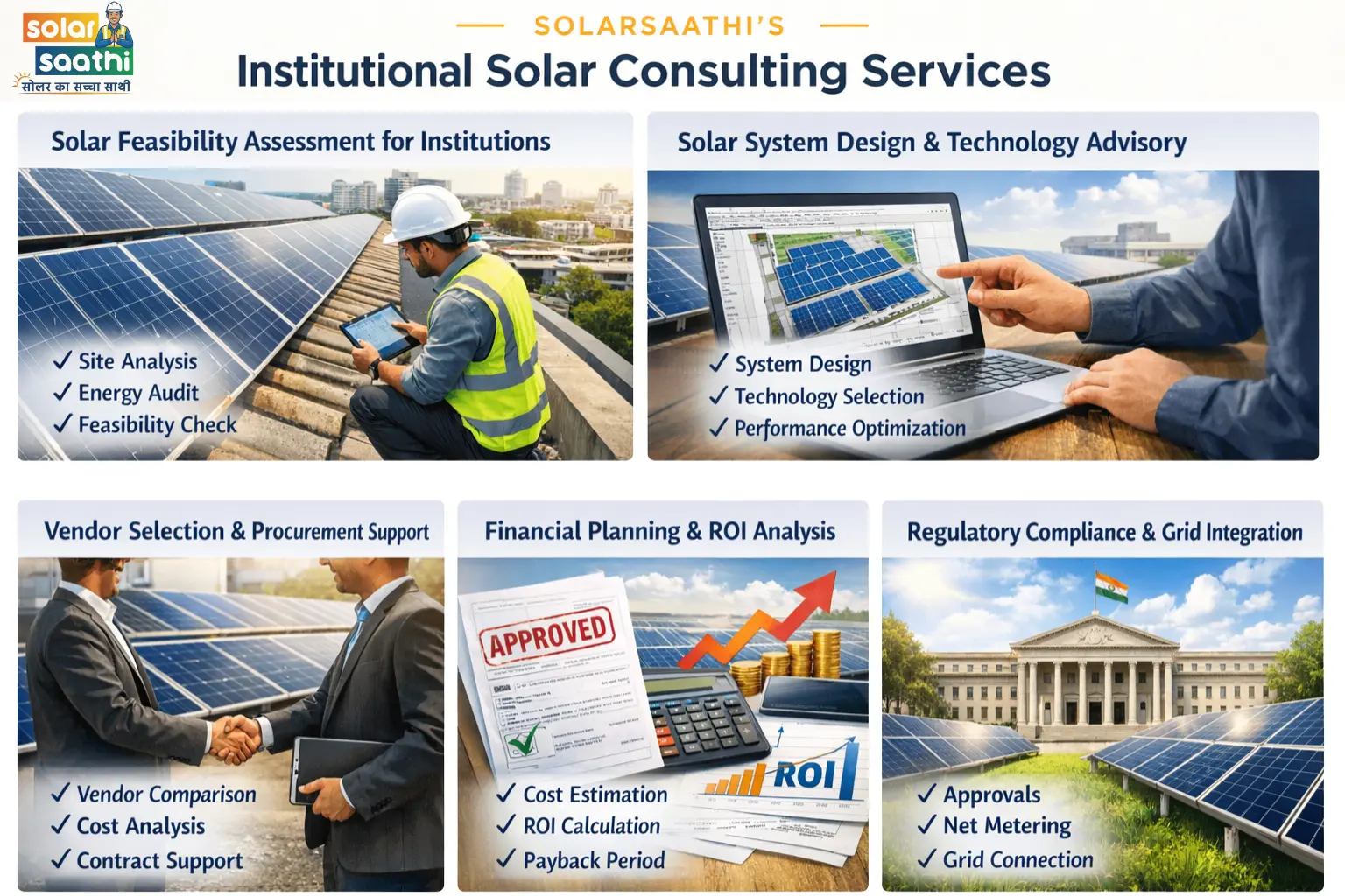 Institutional solar consulting services — feasibility assessment, system design, vendor selection, financial planning, regulatory compliance