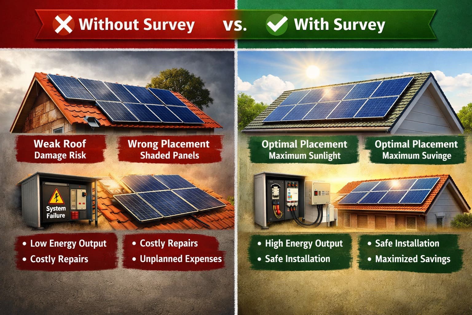 Solar installation without survey vs with survey — wrong panel placement and system failure vs optimal placement and maximum savings