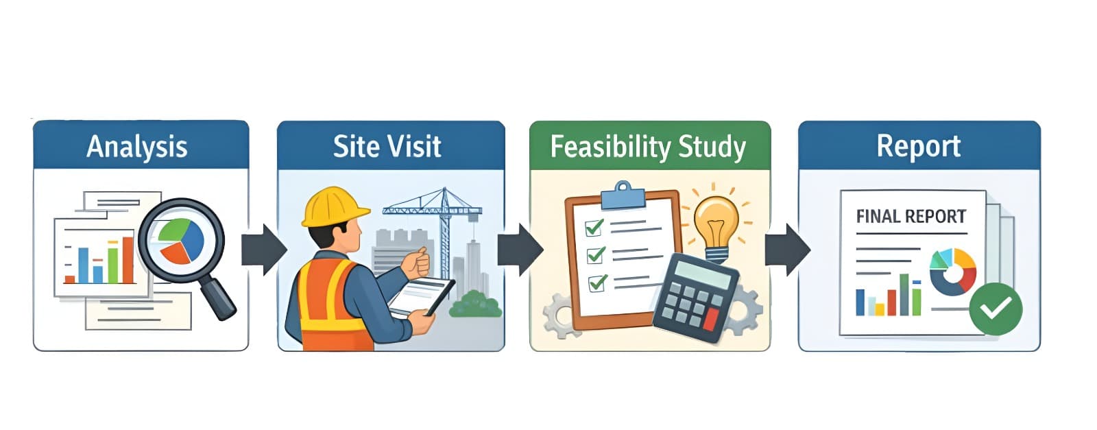 Solar site survey consultancy process — energy analysis, on-site assessment, feasibility study, and detailed report
