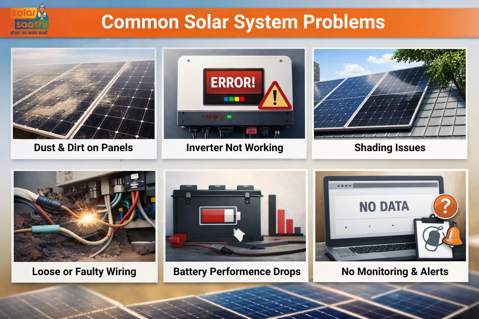 Common solar system problems — dust on panels, inverter errors, shading issues, faulty wiring, battery drops, no monitoring