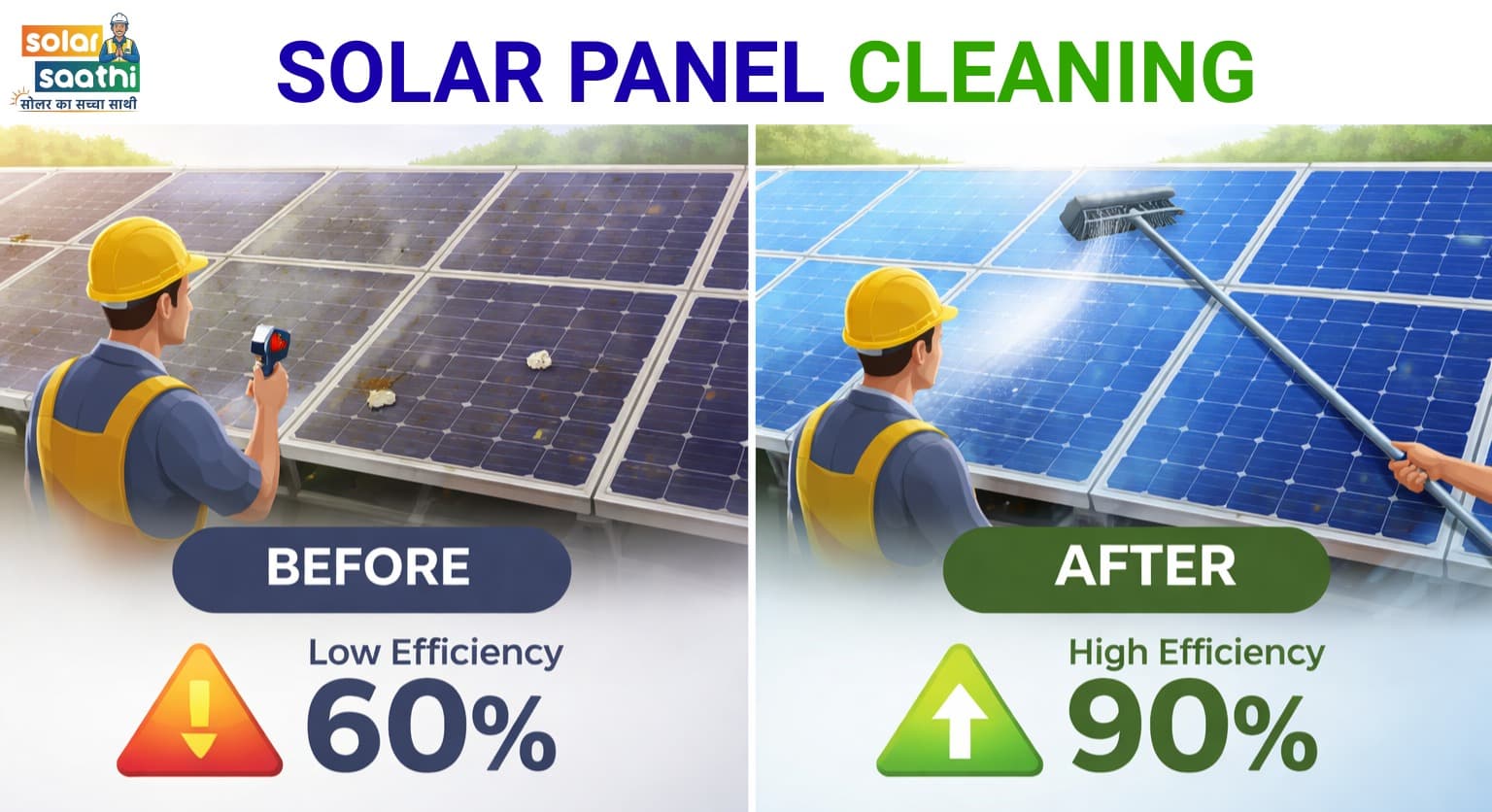 Solar panel cleaning before and after — low efficiency 60% before cleaning vs high efficiency 90% after cleaning