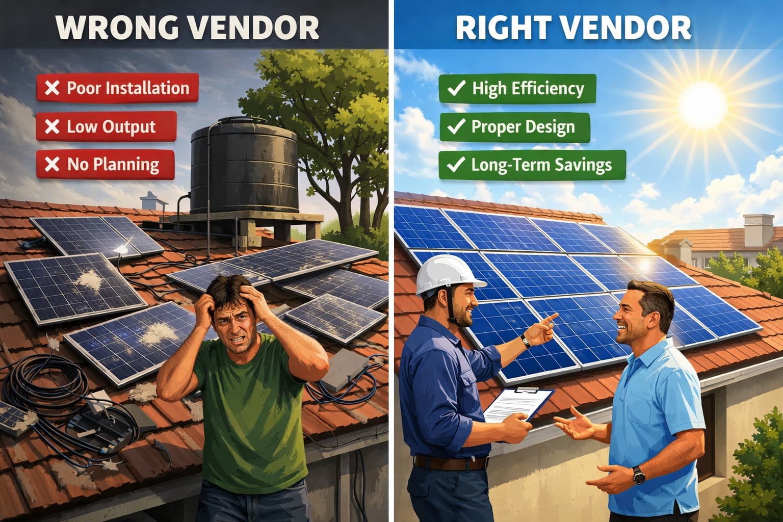 Wrong solar vendor vs right solar vendor — poor installation and low output vs high efficiency and long-term savings