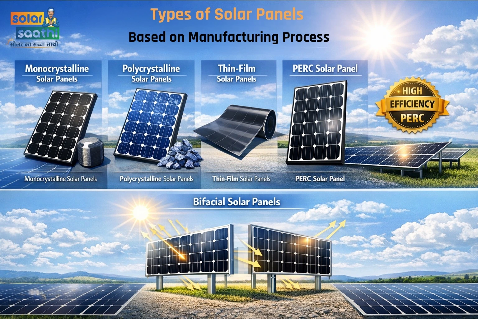 Types of Solar Panels Based on Manufacturing Process – Monocrystalline, Polycrystalline, Thin-Film, PERC, and Bifacial Solar Panels