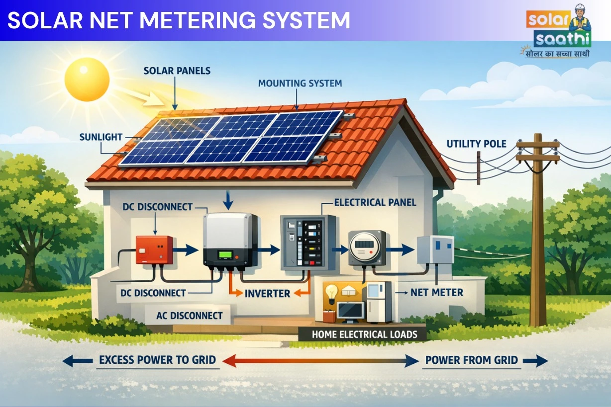 Solar Net Metering System Components — Panels, Inverter, Net Meter, Grid Connection