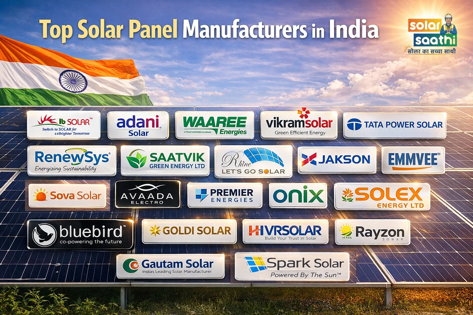 Top Solar Panel Manufacturers in India – IB Solar, Adani, Waaree, Vikram Solar, Tata Power Solar, RenewSys, Saatvik, Rhine, Jakson, Emmvee and more