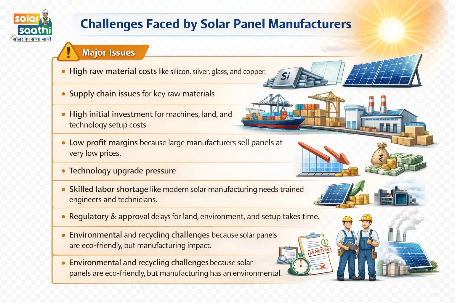 Challenges Faced by Solar Panel Manufacturers – Raw Material Costs, Supply Chain, Investment, Margins, Labor, Regulatory Delays
