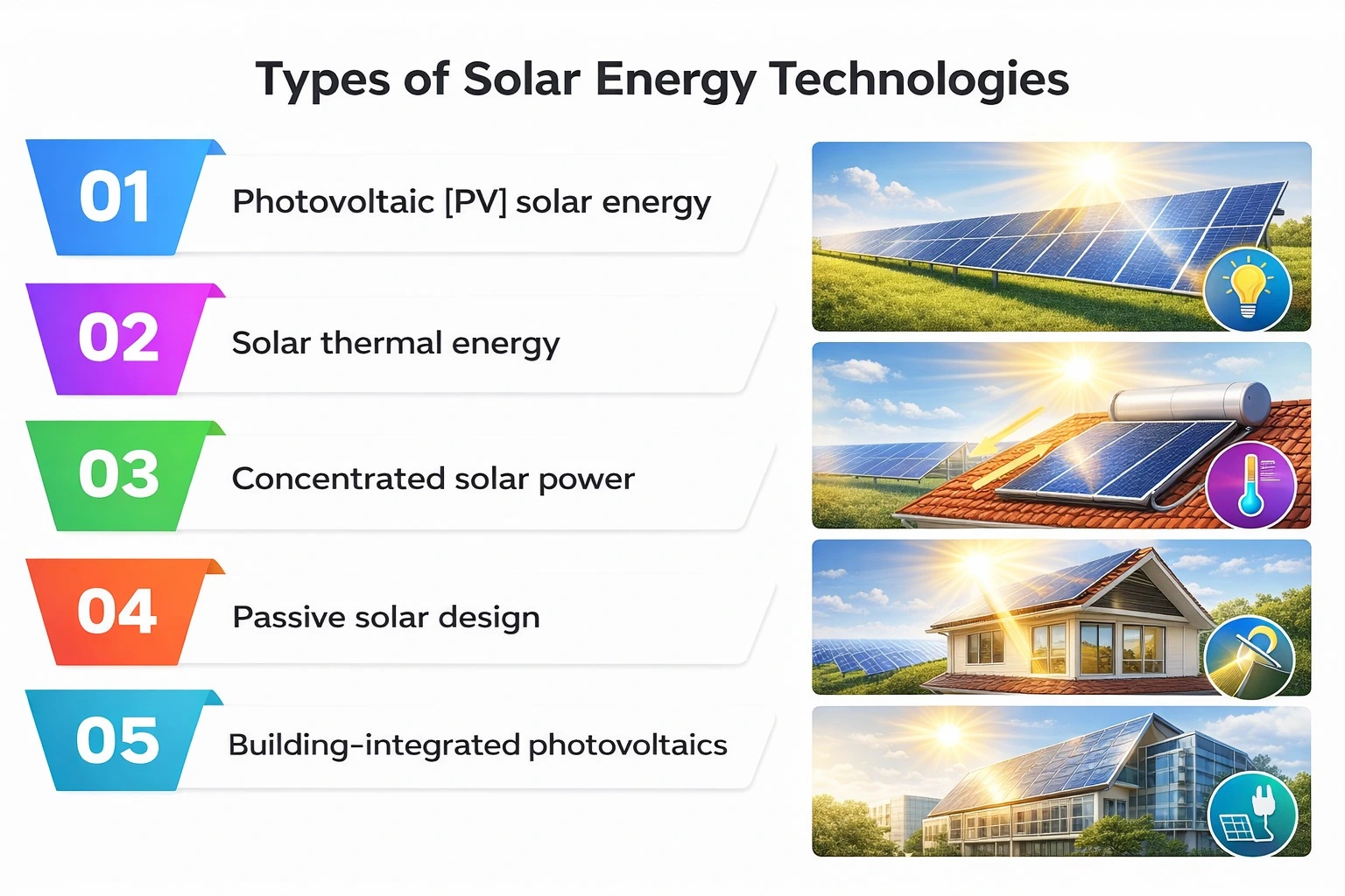 Types of Solar Energy Technologies — PV, Thermal, CSP, Passive, BIPV